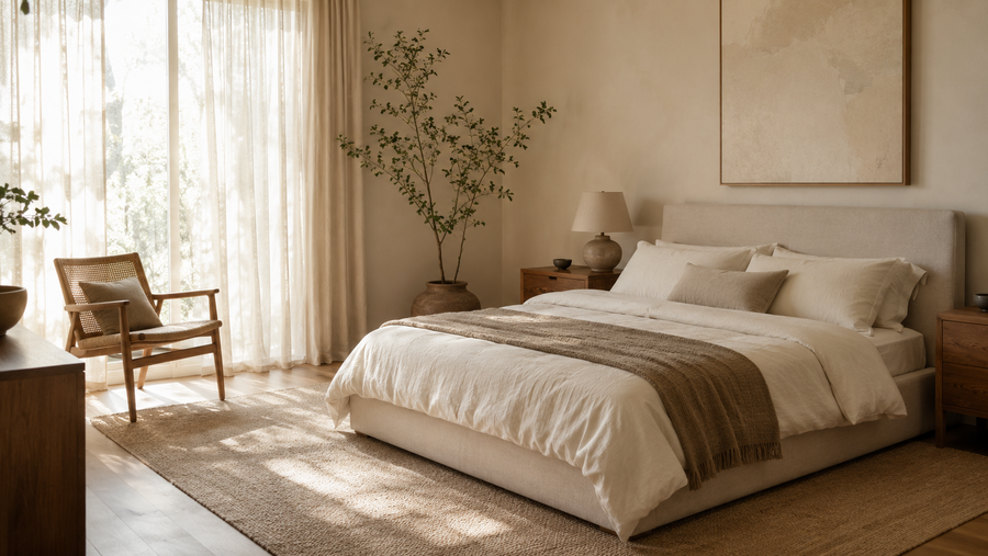 Upholstered custom bed with a tall headboard in a calm bedroom